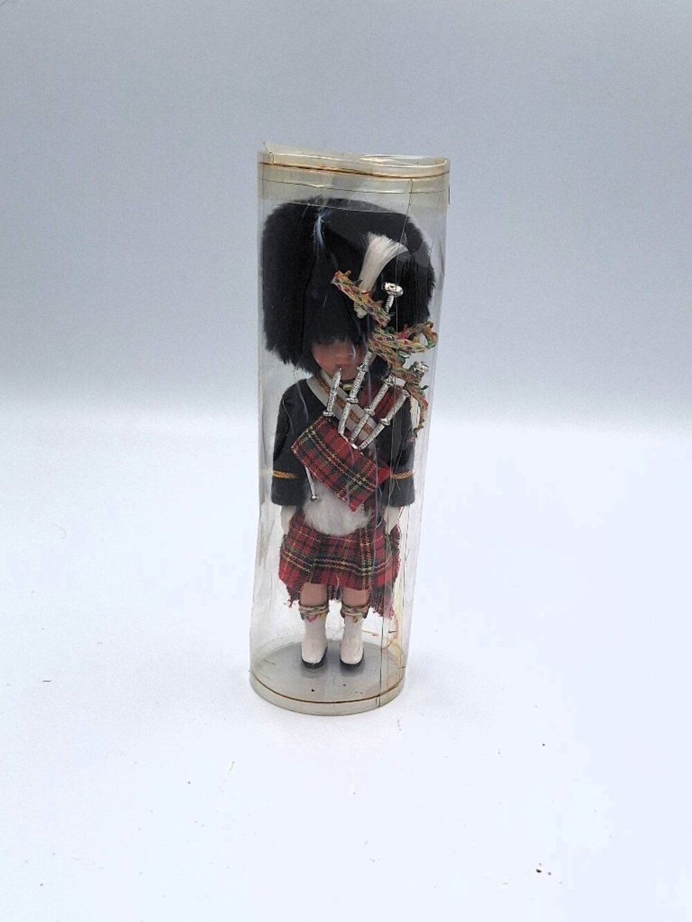 Vintage Scottish Bagpiper Doll in Kilt and Hat in Plastic Case